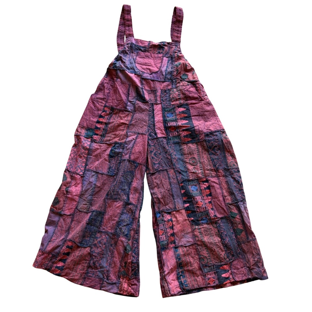 irat Patchwork Cotton Overalls Boho Hippie Wide Leg Jumpsuit One Size India Om